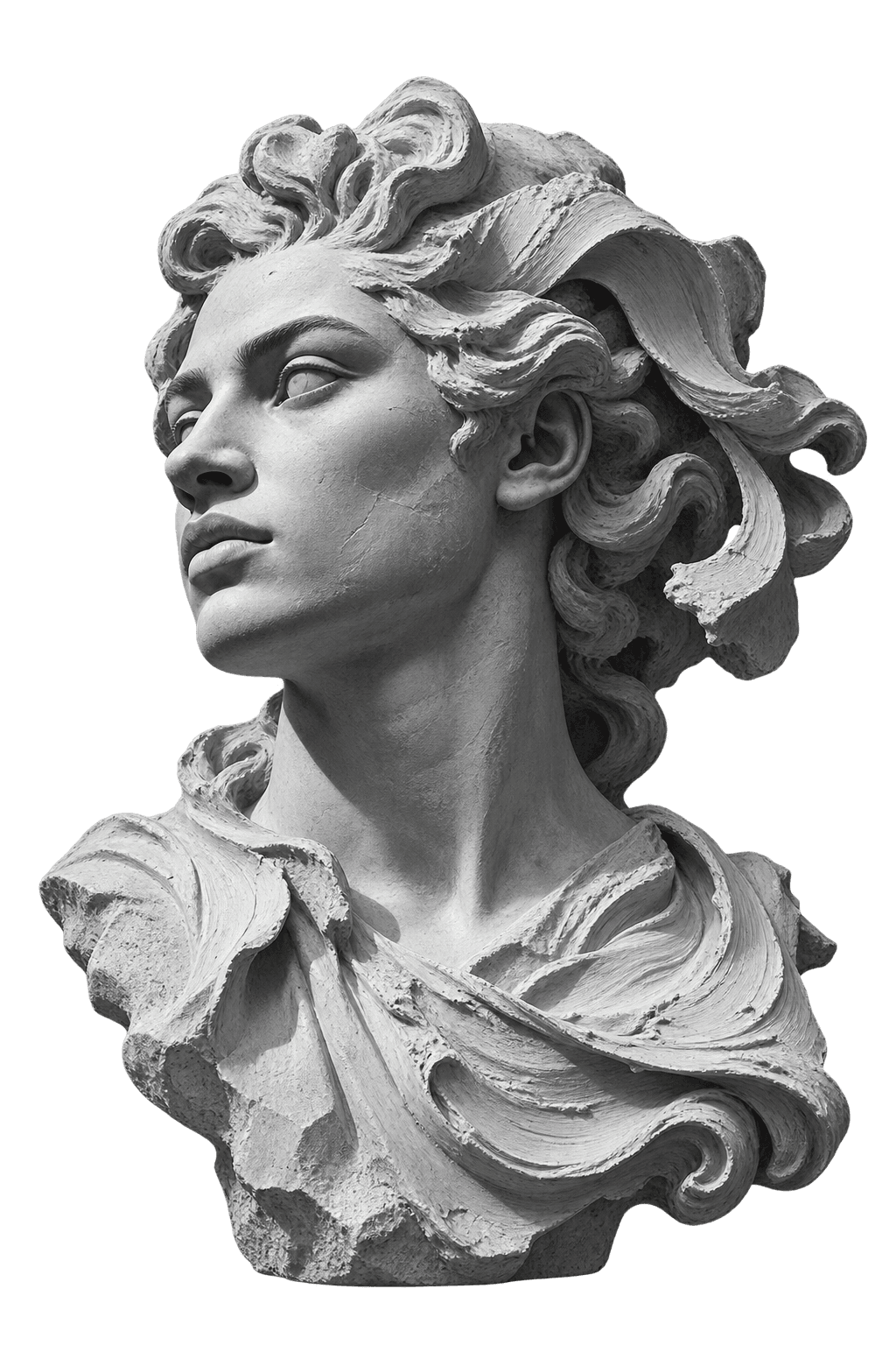 Monochrome plaster sculpture of Mixora's muse of color