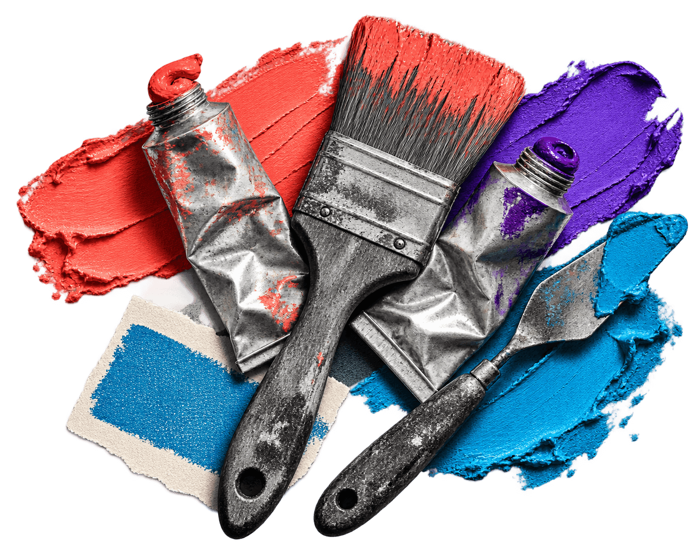 Editorial collage of paint tubes, brushes, pigment, and cut-paper geometry