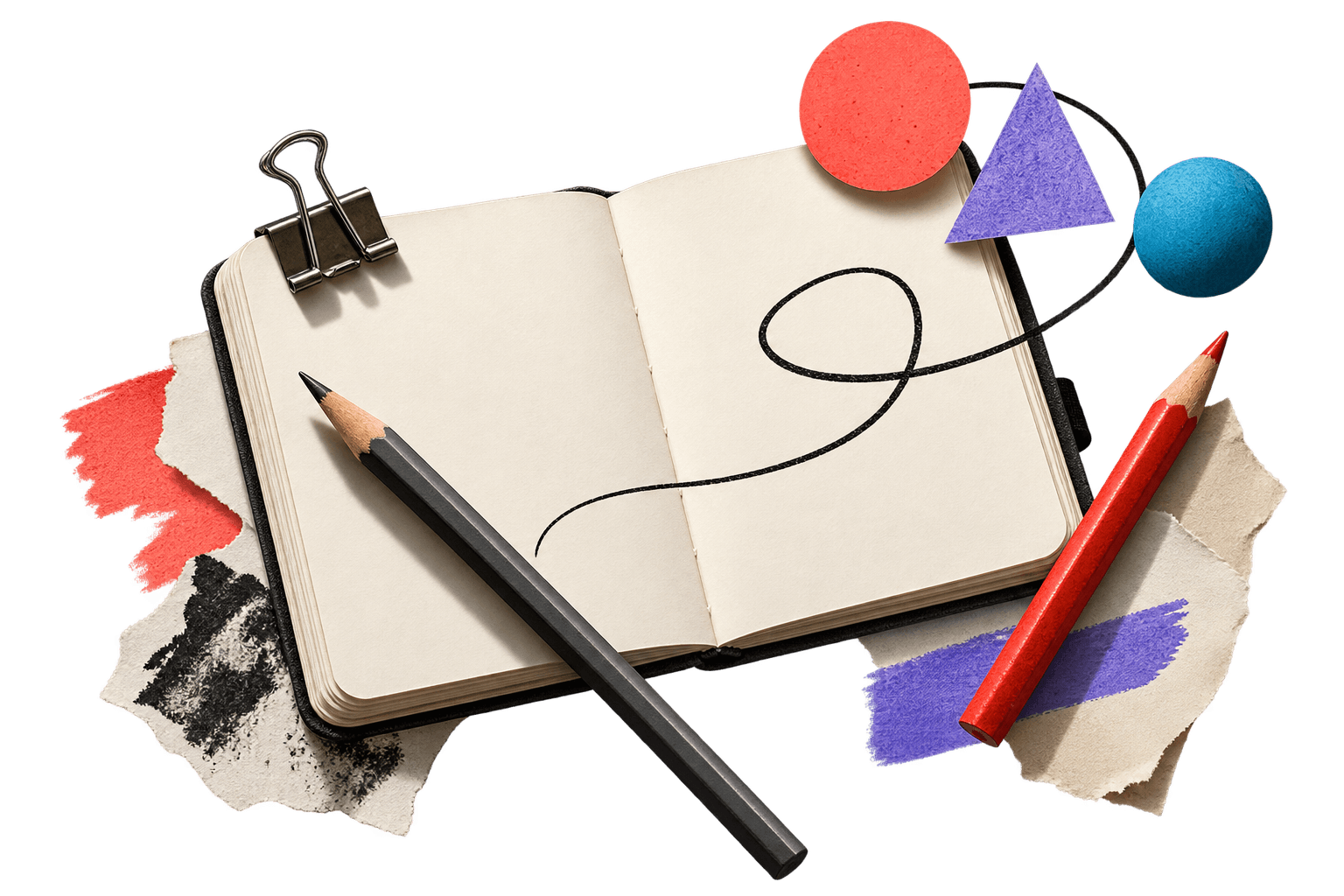 Editorial collage of a blank notebook, pencils, and geometric idea tokens
